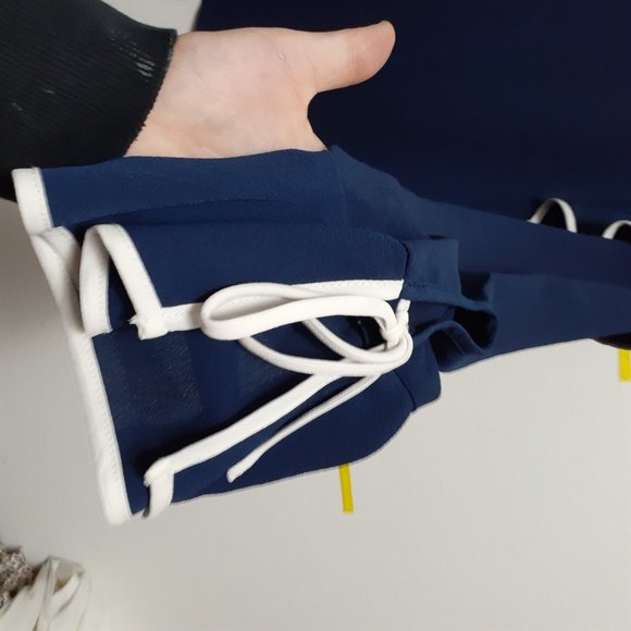 Navy Bell Sleeve Ruffle Long Sleeve Blouse Small - Picture 7 of 11